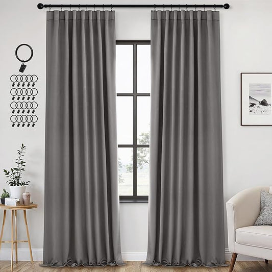 ANRODUO Back Tab Blackout Curtains for Bedroom Living Room, Rod Pocket Pinch Pleated Thermal Insulated Room Darkening Curtains 94 Inches Long 2 Panels, Grey, 42 x 94 Inch