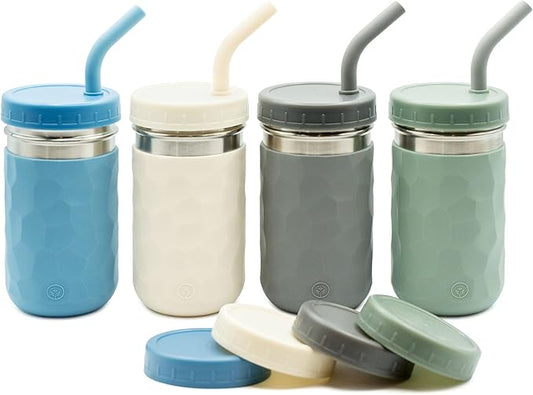 WeeSprout 2-in-1 Drinking Cups for Kids, Durable Stainless Steel Tumbler for Smoothies, Silicone Straws with Stoppers, Premium Plastic Twist Lids, Easy-Grip Sleeves, Set of 4 Dishwasher Safe Kid Cups