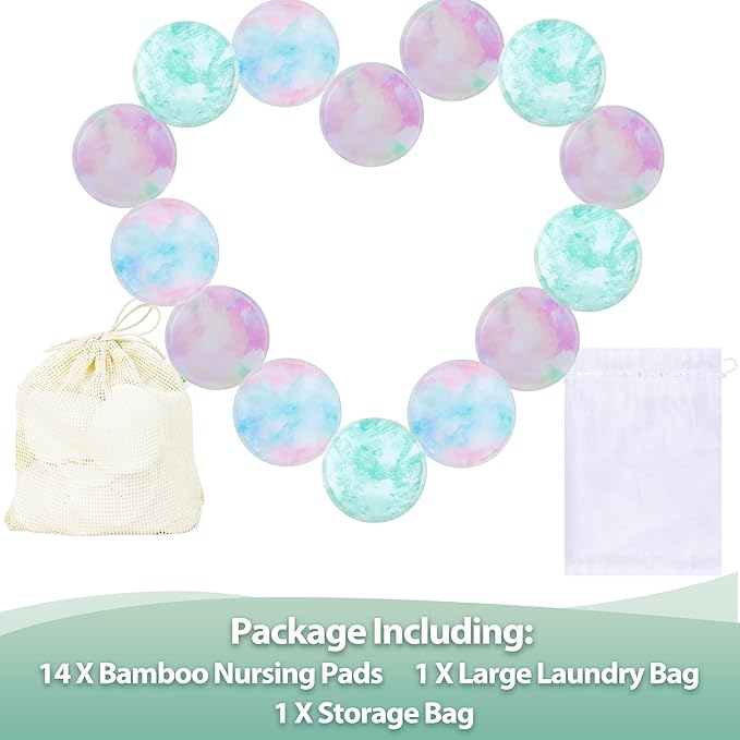 wegreeco Nursing Breast Pads (14 Pack) + Laundry Bag & Travel Storage Bag, 4.7 inch - Washable & Reusable Breastfeeding Nursing Pads (Plain Shape, Watercolors, Large)