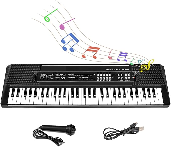 M SANMERSEN Kids Music Keyboard, 61-Key Portable Electronic Piano Toy with Microphone, Teaching Tool for Beginners, Ages 3-12, Black