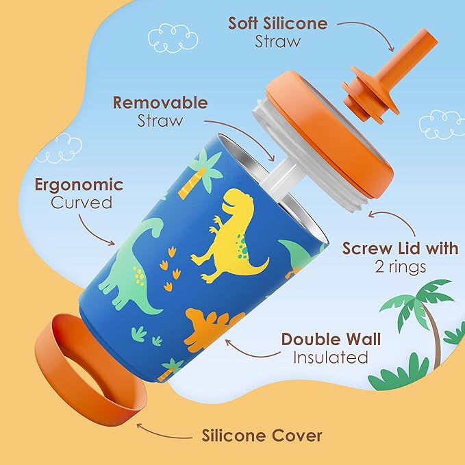 Kid Insulated Stainless Steel Tumbler with Silicone Straw, 12oz Sippy Cup for Kids (Dinosaurs)