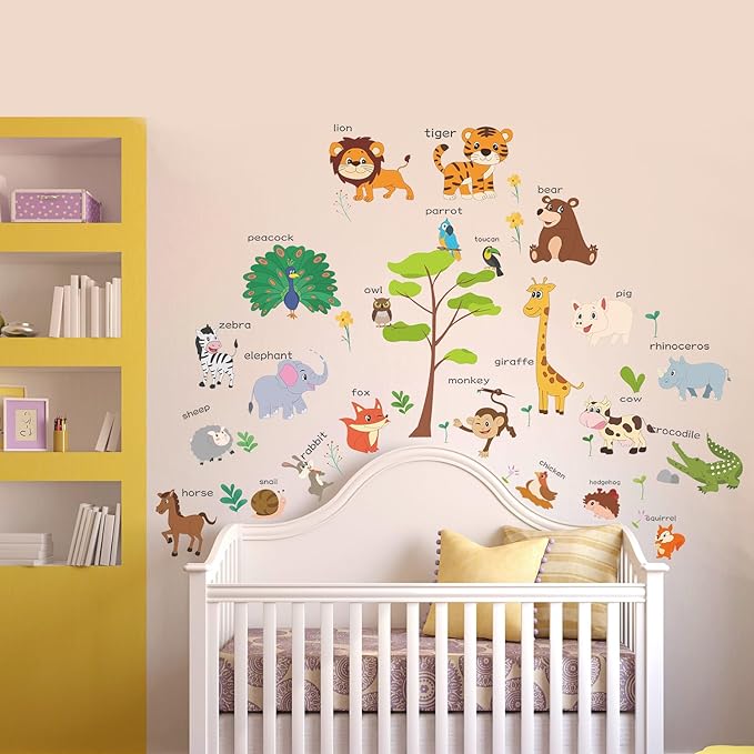 Large Animals Learning Educational Wall Stickers Kids,Nursery Playroom Wall Decals,Daycare Preschool Classroom Wall Stickers Peel and Stick Removable,Cute Wall Decor for Boy,Girl,Toddler,Baby.