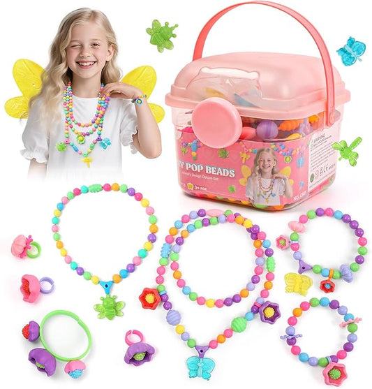 BIRANCO. Deluxe Beading Set with 350+ Pop Beads Include Butterfly, Bee, Dragonfly with Transparent Wings, and Ladybug Jewelry Making Kit for Kids Ages 3-8