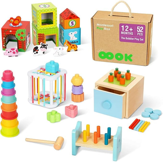 OOOK Montessori Toys for 1 Year Old, 7 in 1 Learning Educational Kit with Sensory Bin,Nesting Box, 3 in 1 Educational Box,Pounding Bench and Baby Stacking Cups