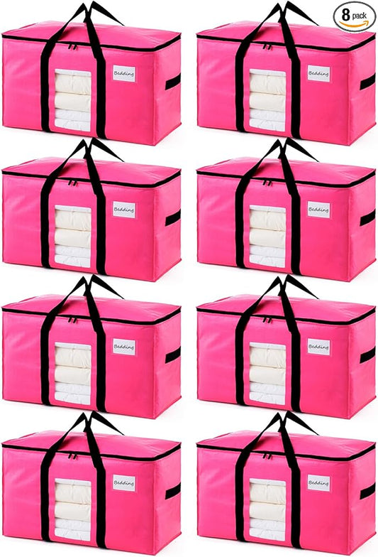 TAILI 8 Pack Pink Extra Large Moving Bags, Heavy Duty Totes with Visible Window, Wrap Around Handles, Space-Saving Storage, Alternative to Moving Boxes