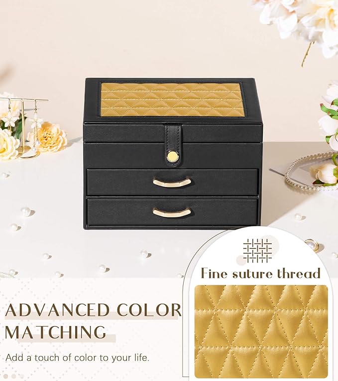 Black Jewelry Box Organizer: Home Decor for Women - 2-Drawer Holder for Valentine’s Day Birthday Christmas Black Gold