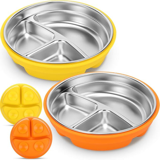Nuogo 2 Pcs Stainless Steel Baby Suction Plates with Removable Silicone Shell 2-in-1 Metal Toddler Bowl Divided for Picky Eaters Kids Feeding Led Weaning Supplies, Dishwasher Safe (Yellow,Orange)