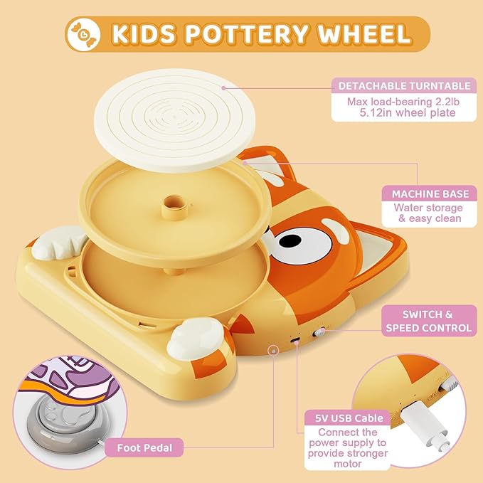 Pottery Wheel for Kids - Complete Pottery Tools Kit for Beginners, Arts and Crafts for Kids Ages 8-12 with 3 Pack Air Dry Clay, Mini Clay Making Pottery Wheel with Foot Pedal (Dog, Patented)