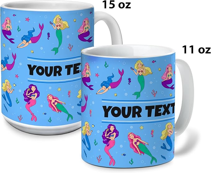 Personalized Mug for Kids - Mermaids - Custom Name/Text, Ceramic Hot Chocolate/Cocoa/Coffee Cup for Girls, Birthday/Christmas/Holiday Gift - 11 oz, Red Handle