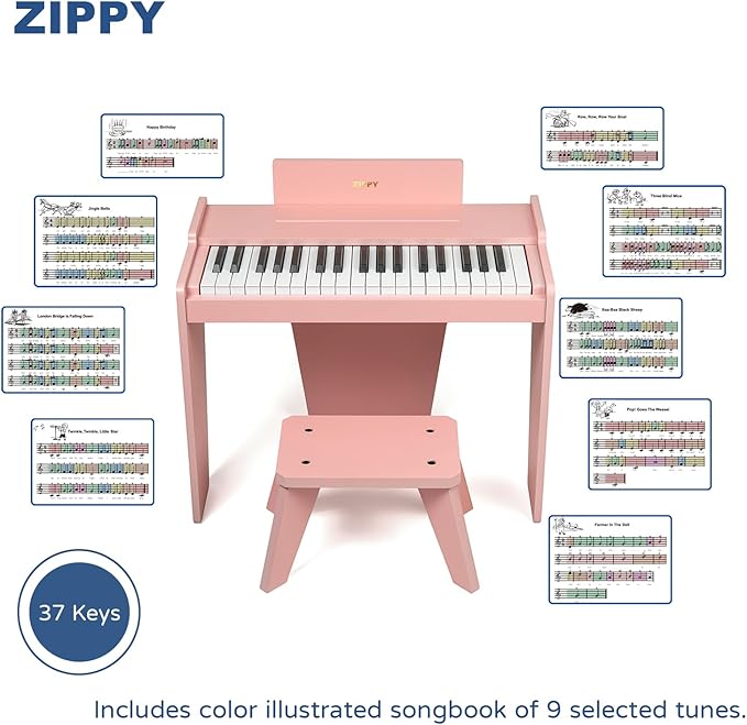 ZIPPY Kids Piano Keyboard, 37 Keys Digital Piano for Kids, Music Educational Instrument Toy, Wood Piano for 3+ Girls and Boys (Pink Basic)