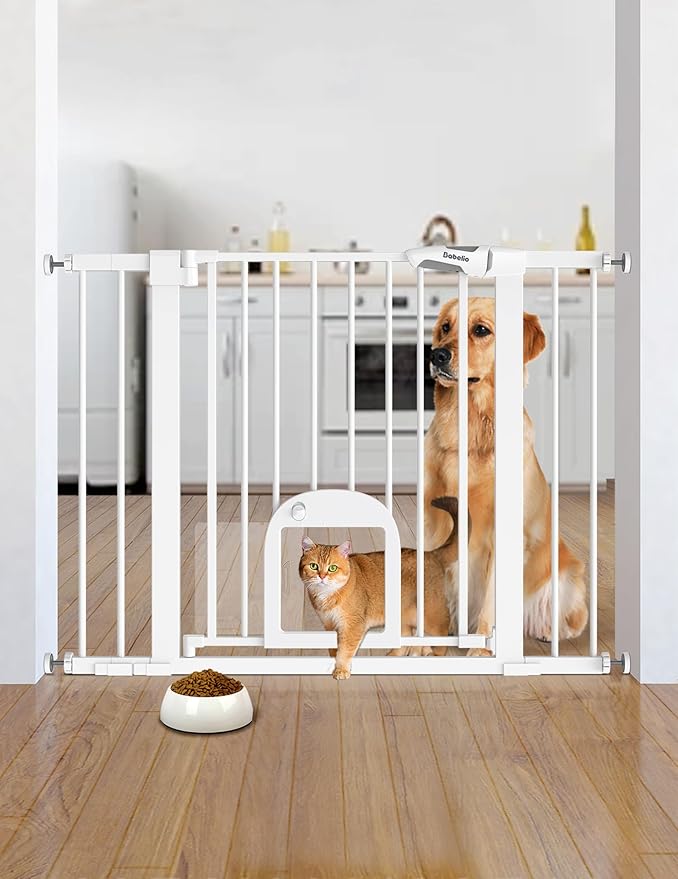 Babelio Baby Gate with Adjustable Cat Door,29-43" Auto Close Durable Pet door for Stairs,Doorways and House,Pressure Mounted,Easy Install,Effortless Walk Thru,White