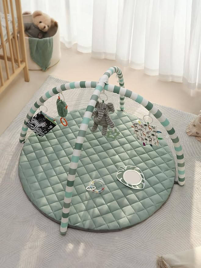 Blissful Diary Baby Play Gym Mat, Play Mat Activity Mat with 6 Detachable Toys for Stage-Based Sensory & Motor Skill Development, Easy to Install & Clean, Baby Essentials Gift, Sage Green