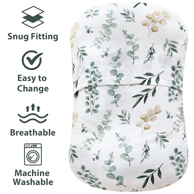 LifeTree Muslin Baby Lounger Cover, Newborn Slipcover Lounger Cover for Boys Girls Infant, Soft 70% Viscose from Bamboo and 30% Cotton, Cover Only, Eucalyptus Pattern