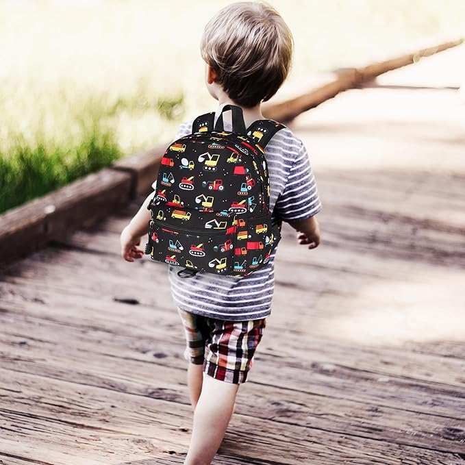 Accmor Toddler Backpack Harness with Leash, Cute Baby Backpacks with Anti Lost Wrist Link, Mini Kids Backpack Tether Walking Harness for Travel Outdoor, Black Excavator Backpack Tether for Boys Girls