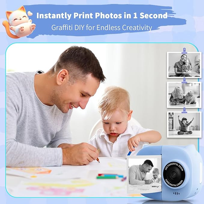 Rongta Kids Camera Instant Print, 1080P Kids Instant Cameras That Print Photos, Christmas Birthday Gifts for Boy Age 3-12, Video Camera Portable Toy for 3 4 5 6 7 8 9 10 Year Old Boy(Blue)