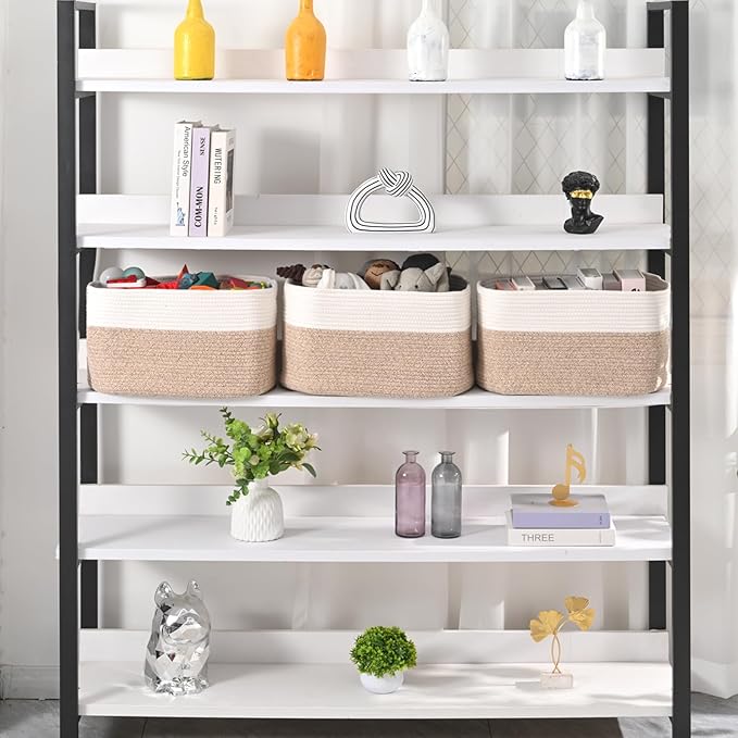 Large Storage Baskets for Organizing Shelves, Woven Cotton Rope Bins for Baby Nursery Organization, Book Toy Towel Organizer, 17"x13"x9.5", 3 Packs, Off White & Brown