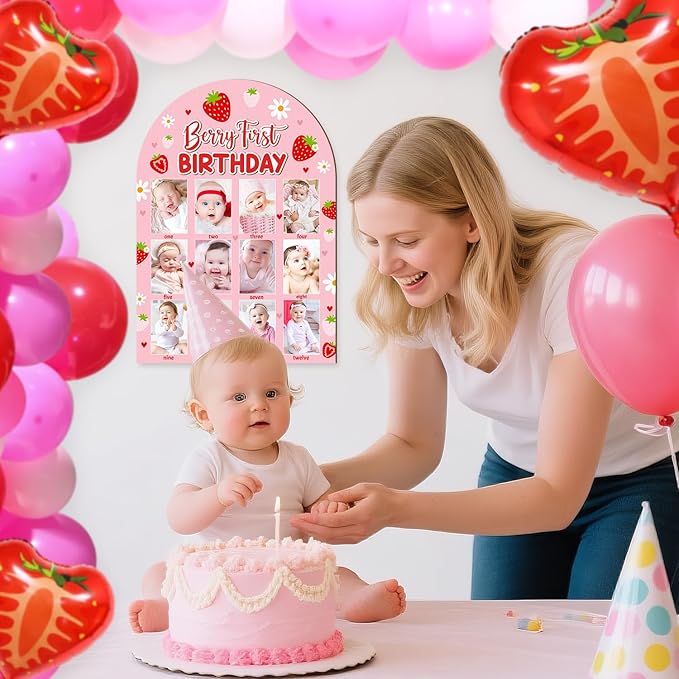 R HORSE 3D Berry First Birthday Wood Photo Display Board, Pink Strawberry Baby's First Year Picture Frame, 1-12 Months Milestone Board Birthday Decorations Keepsake Gift for Baby Girls Nursery Decor