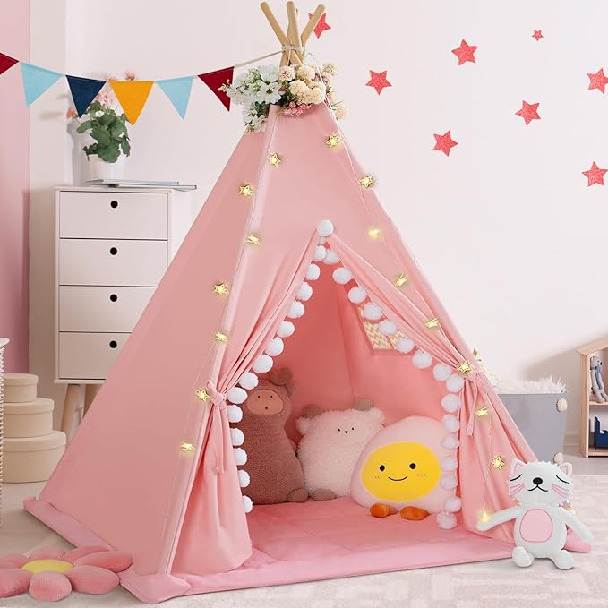 Teepee Tent for Kids with Padded Mat Cotton Canvas Kids Tent with Pompom for Toddlers Indoor Play Tent for Girls Boys with Stars Lights, Carry Bag, Banner Flag (Pink)