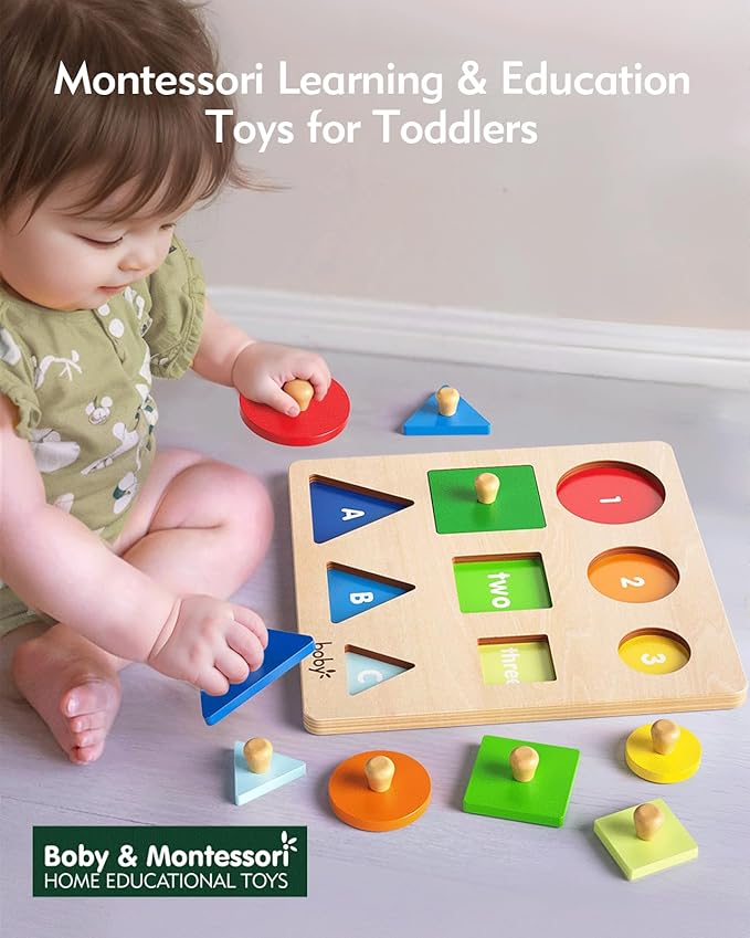 Boby Montessori Puzzles for Babies 12-18-24 Months, Wooden Jumbo Knob Peg Puzzle Shape sorter for Toddlers 1-3 Year Old, Early Learning Sensorial Toys (Shapes & Size Sorting Puzzle)