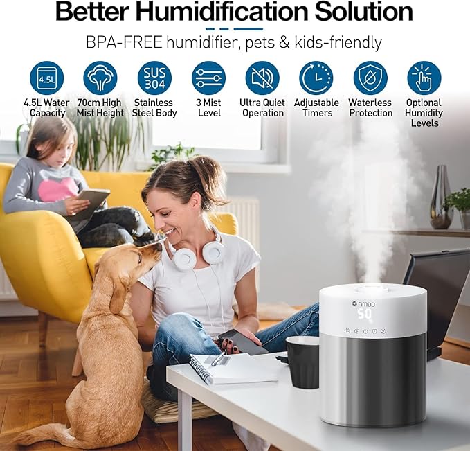 Stainless Steel Humidifier, 4.5L Easy to Clean Humidifier with 304 Stainless Steel Tank, Cool Mist Humidifiers for Bedroom with Smart Humidistat & Timer, 25dB Sleep Mode for Baby, Plants