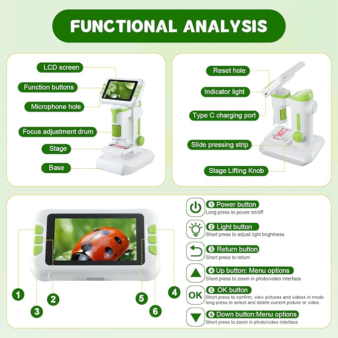 1600X Digital Microscope for Kids, Upgraded Portable Microscope with 4.0 inch HD Screen, 2-in-1 Desktop Handheld Miniscope Rechargeable Student Education Science Microscopes Gift for Kids