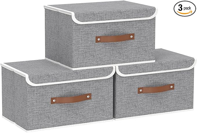 Yawinhe Collapsible Storage Boxes, Foldable Bin with Lids, Cube Clothes Organizer Basket with Handles, Grey, 13.0''Lx9.0''Wx7.9''H, 3-Pack, SNK024GS-3