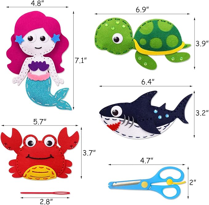 CiyvoLyeen Sea Animals Sewing Kit Mermaid DIY Felt Plush Craft Kit Make Your Own Ocean Animals Gifts for Beginner Boys and Girls Educational Kids Art Craft Supplies Set of 12