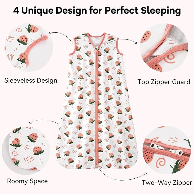 Baby Sleep Sack 0-6 Months 0.5 Tog Wearable Blanket Baby, 3 Pack 100% Cotton Lightweight Sleeping Sack with 2-Way Zipper for Newborn Infant Strawberry