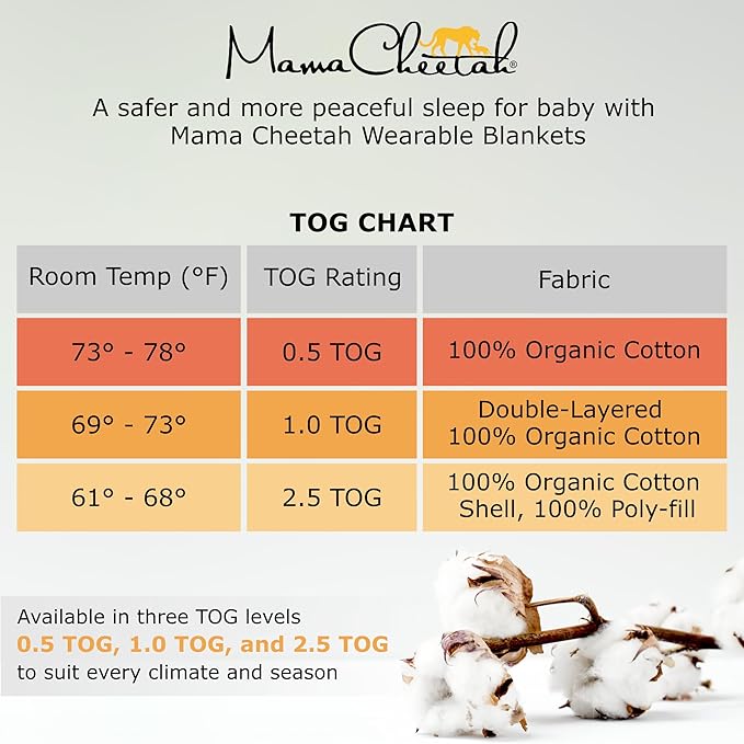 Mama Cheetah Baby Sleep Sack 2.5 TOG, Organic Cotton Wearable Blanket with Two-Way Zipper, Swaddle Transition Baby Sleeping Bag for Newborn Infant Toddler Boy Girl, 0-6 Months