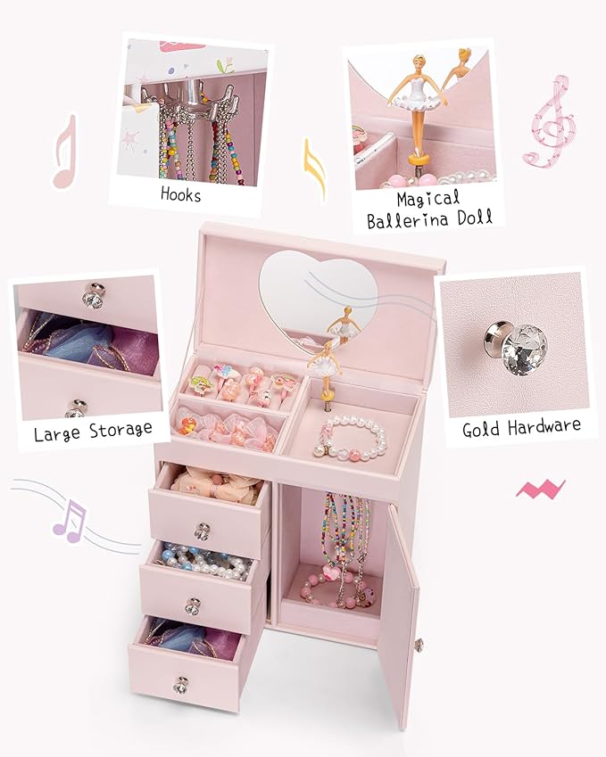 Vlando Musical Jewelry Box for Girls, Large Kid Music Box with Ballerina for Birthday Bedroom Decor, 4 Layer Girl Jewelry Gifts for Girls Kids - Light Pink