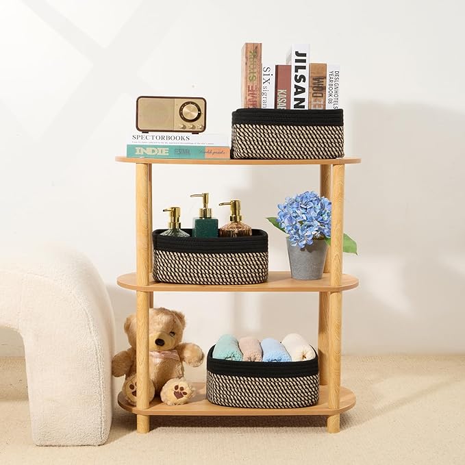 Small Storage Baskets for Organizing | Closet Organizer Bins | Shelf Toy Basket | Woven Rope Baskets | Cube Decorative Box | Shallow Basket | 11.5x7.5x4.7” | 3 Packs Black Brown