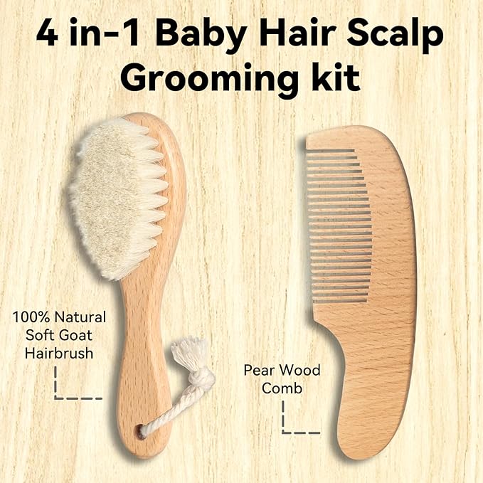 Goat Baby Hair Brush Set, Safe Natural Hair Care Kit with Wooden Soft Goat Bristles Hairbrush Comb Green Silicone Bath Brush for Newborns Toddlers (4pcs Set)