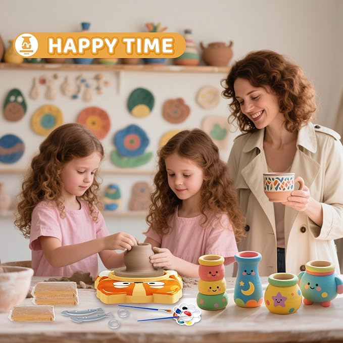 Pottery Wheel for Kids - Complete Pottery Tools Kit for Beginners, Arts and Crafts for Kids Ages 8-12 with 3 Pack Air Dry Clay, Mini Clay Making Pottery Wheel with Foot Pedal (Dog, Patented)