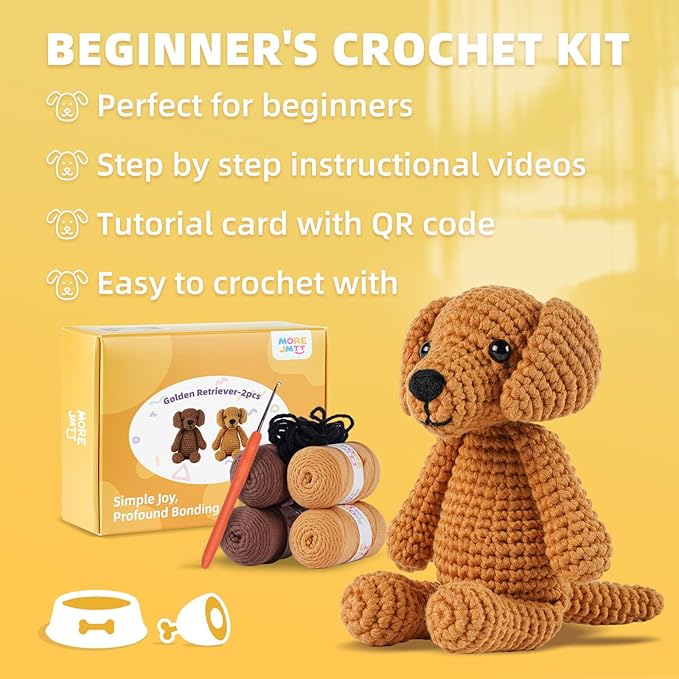 MOREJMTT Crochet Kit for Beginners, Learn to Crochet, Include Easy Knitting Soft Yarn, Step-by-Step Video Tutorial, Hook, Holiday Birthday Gift for Adults and Kids(2 Pack Golden Retriever)