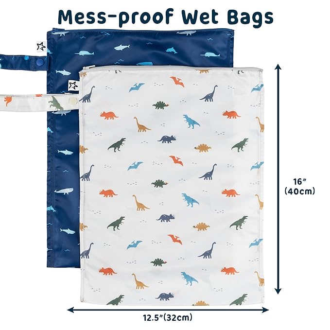 Tiny Twinkle Mess-Proof Waterproof Wet Dry Bag | 2-Pack Reusable Wet Bags for Swimsuits & Baby Clothes | Leakproof Wet Bag for Travel & Diaper Changes for Baby (Dinosaur, Ocean Life)