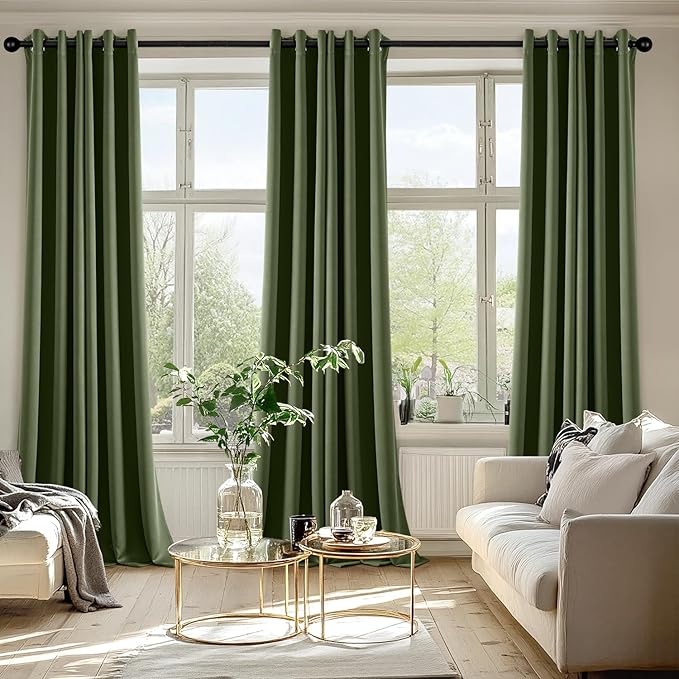 MIULEE Olive Green Blackout Curtains for Bedroom Living Room 96 Inches Long 2 Panels, Thermal Insulated Room Darkening Drapes Solid Grommet Top Noise Reducing Dark Green Window Treatments 40x96 Inch