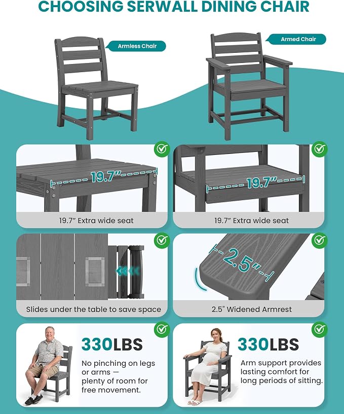 SERWALL HDPE Dining Set for 6: 1 Umbrella Hole Table, 4 Armless + 2 Armchairs. - Image 5