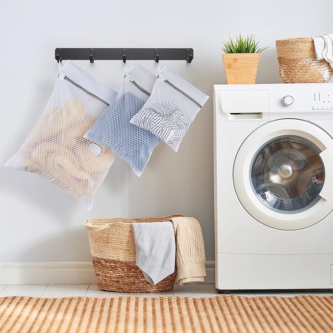 Honeycomb Lingerie Bags with Hanging Loop- 2Pack MDSXO Mesh Laundry Bags for Washing Delicates, White Wash Bags for Lingerie, Baby Clothes [1Medium+ 1Large]