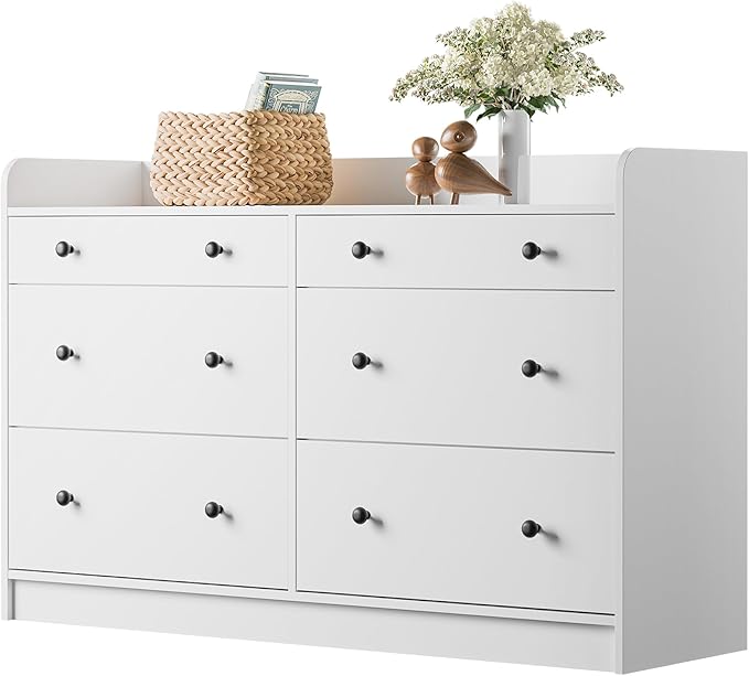 Cozy Castle Baby Dresser with 6 Drawers and Large Table Top, Multi-Functional Chest of Drawer, Drawer Dresser with Three-Sided High Rails for Nursery, Children's Room, Bedroom, White