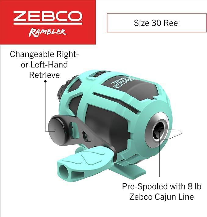 Zebco Rambler Fishing Reel and Rod Combo, Durable Fiberglass Rod with Built-in Carabiner, Patented No-Tangle Reel, Pre-Spooled with 8-Pound Zebco Fishing Line