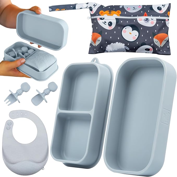 Travel Silicone Portable Feeding Supplies - Toddler Suction Plates, Silicone Baby Spoon & Fork, Lightweight Foldable Bib & Waterproof Storage Bag - 6 Piece Set