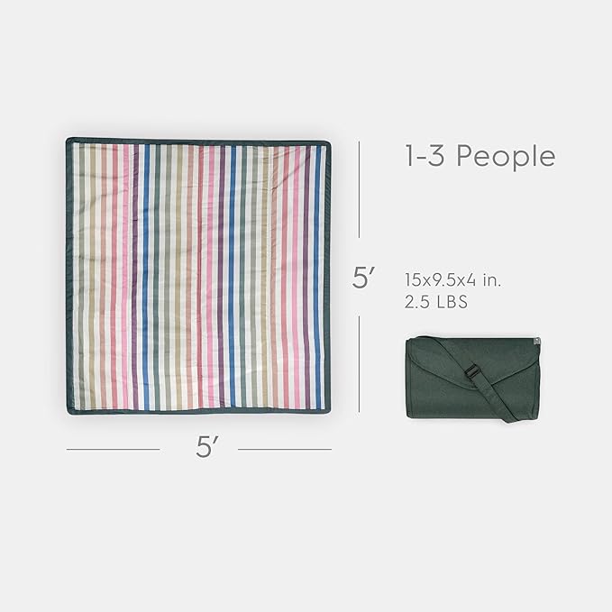 Little Unicorn 5'x5' Outdoor Family Picnic & Beach Blanket | Durable & Water-Resistant Fabric | Compact Fold & Easily Wipes Clean | Zipper Pocket (Chroma Rugby Stripe)
