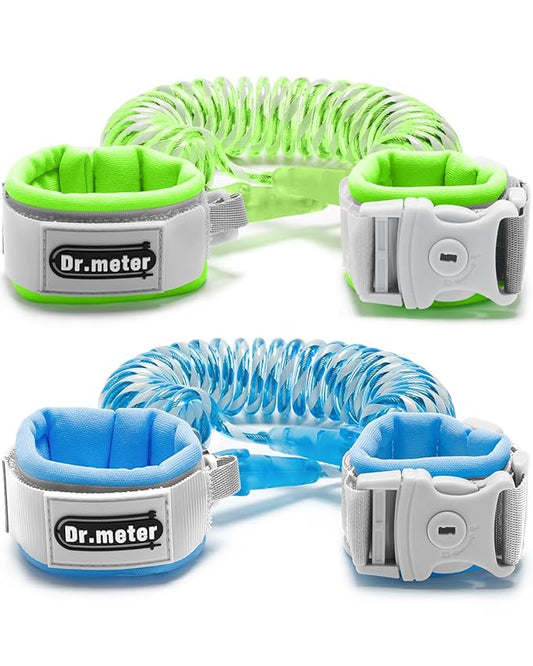Dr.meter Anti Lost Wrist Link, 2 Pack Toddler Safety Leash with Key Lock, Reflective Child Walking Harness - Dual 8.2ft Length Blue & Green Kids Leash for Supermarket Mall Airport Amusement Park Zoo