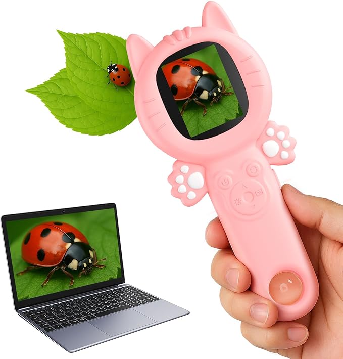 2-in-1 Microscope Camera for Kids, Mini Handheld Microscope Supporting Multiple Viewing Angles, Outdoor Educational Science Adventure Toys, Birthday Gifts for 3-10 Years Old Girls, Pink Cat