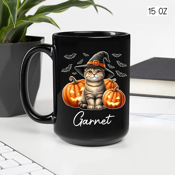 Personalized Name Scottish Fold Halloween Ceramic Mug, Custom Scottish Fold with Pumpkins Coffee Cup, Cat Wearing Witch Hat Cup Gift for Family Friend, Halloween Cat Pet Black Mug 11oz 15oz