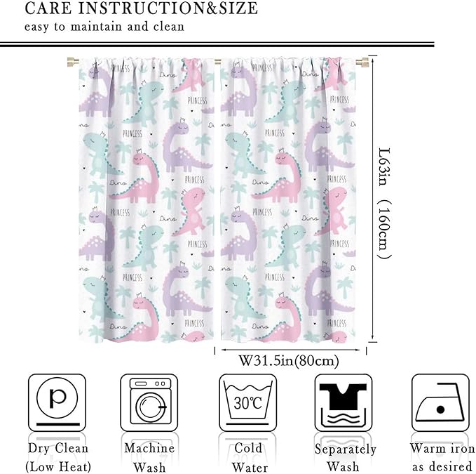 Kids Dinosaur Curtains for Boys Girls Bedroom Decor Cartoon Dino Colorful Cute Funny Animal Wildlife Printed Blackout Rod Pocket Window Drapes for Baby Nursery Playroom W31.5xL63in 2 Panels
