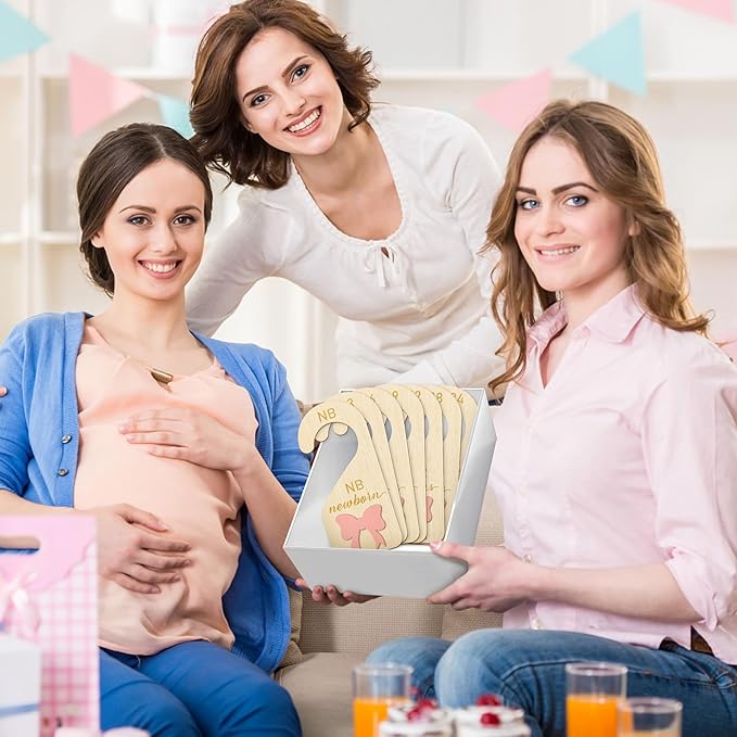 R HORSE Wooden Baby Closet Dividers - 8Pcs 3D Coquette Pink Bow Baby Closet Organizer Double-Sided Newborn Clothes Size Hanger Dividers Nursery Birthday Gift for Boy Girl (0-24 Months)