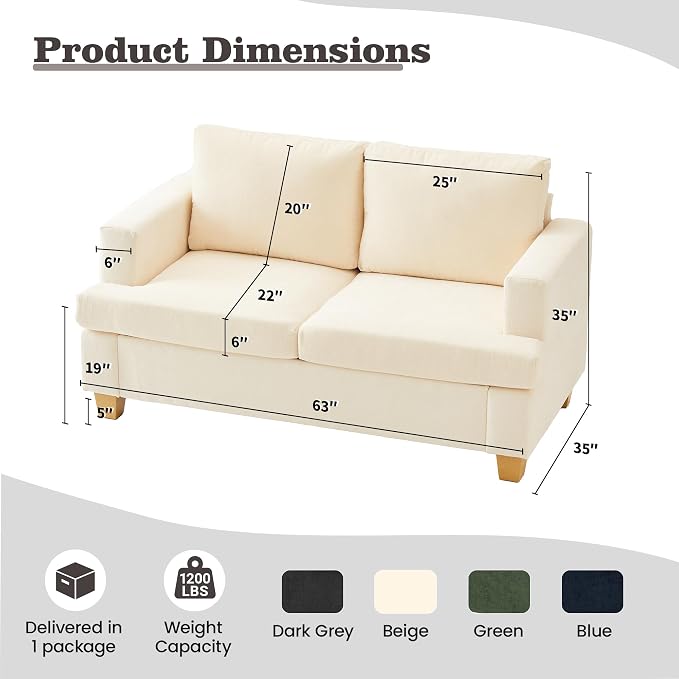 Apicizon 63" Loveseat Sofa Couch, Cloud Couch Lounge Sofa - Image 2