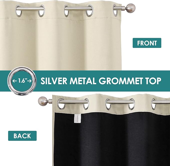 ChrisDowa 100% Blackout Curtains 72 inch Long for Bedroom with Black Liner, 2 Thick Layers Total Blackout Thermal Insulated Grommet Window Curtains 2 Panels Set (Light Beige, 52 x 72 Inch)