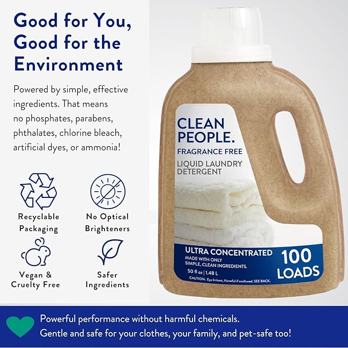 The Clean People Liquid Laundry Detergent - Recyclable Packaging, Stain Fighting - Ultra Concentrated, Laundry Soap - Fragrance Free, 50 fl oz